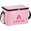 A pink cooler bag with a zip closure and black handle, featuring a logo on the front.