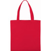 A red non-woven tote bag with two handles and a blank surface, featuring a logo.