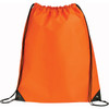 An orange drawstring sportspack with black accents and a logo.