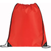 A bright red drawstring sportspack with black corners and a logo. Ideal for carrying lightweight items.