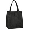 A black insulated grocery tote bag with two handles and a front pocket. It features a logo.