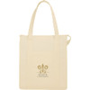 A cream insulated grocery tote with handles and a logo on the front, featuring a spacious main compartment.