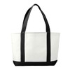 A large white tote bag with black handles and a black base, featuring a logo on the front.