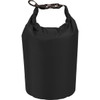 A black waterproof outdoor bag with a clasp and a roll-top closure, featuring a branding logo.