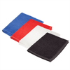 A set of four gym towels in blue, red, white, and black with a logo.