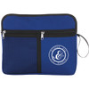 A blue multi-purpose travel bag with a mesh pocket, featuring a logo on the front and a zippered closure.