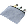 A recycled cotton twill pouch in light blue, filled with small toiletry items and featuring a zipper closure.