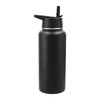 A drink bottle in matte black, featuring a flip-top lid and a straw, with a logo on its surface.