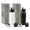 A drink bottle kit featuring a white and a black 950ml copper vacuum bottle, with interchangeable lids and packaging.