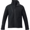 A black softshell jacket for men featuring a high collar and zippered pockets, with a logo on the chest.
