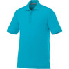 A turquoise short sleeve polo shirt with a collar and three buttons, featuring a branding logo.