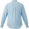 A light blue men's long sleeve button-up shirt with a back pleat and buttoned cuffs. It features a logo.