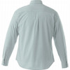 A mint green long sleeve button-up shirt for men, featuring a back yoke and a branded label.
