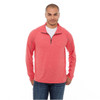 A men's quarter zip jumper in a bright red colour, featuring long sleeves and a zippered collar. It has a branding logo.