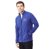 A men's jacket in vibrant blue with a zippered front and side pockets, featuring a logo on the chest.