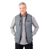 A grey men's down vest with a logo, featuring a zippered front and pockets, worn over a checked shirt.
