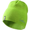 A bright green unisex knit beanie with a logo on the side.