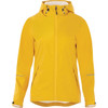 A women's rain jacket in a bright yellow colour with a hood and reflective details. It features a logo on the front.