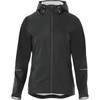 A women's rain jacket in black with a hood, featuring a zipper and reflective details. Includes a logo.