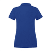 A blue women's short sleeve polo shirt with a classic collar and a logo on the side.