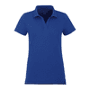 A blue women's polo shirt with a classic collar and a small logo on the hem.