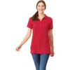 A red women's polo shirt with short sleeves and a collar, featuring a subtle logo. Suitable for casual wear.