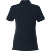 A women's short sleeve polo shirt in black, featuring a collar and a logo on the back.