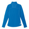 A women's quarter-zip jumper in blue, featuring a textured design on the upper back and a logo detail.