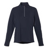 A women's navy knit quarter zip jumper featuring long sleeves and a collar, with a logo on the front.