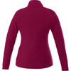 A women's polar fleece jacket in a rich burgundy colour, featuring a high collar and fitted design, with a logo on the back.