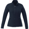 A women's navy polyfleece jacket with a zip front, featuring two side pockets and a logo on the chest.