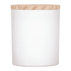 A white scented candle with soy wax, featuring a wooden lid. The candle is simple and elegant in design.