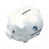 A white pig-shaped coin bank with a slot for coins and a branding logo on the side.