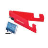 A red mobile stand with a stylus pen, designed for tablets and phones, featuring a logo on the stand.