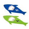 A drink bottle opener in the shape of a shark, featuring blue and green colours and a branding logo.