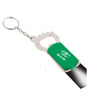 A drink bottle opener with a green handle and a keyring attachment, featuring a logo on the side.