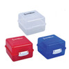 Three lunch boxes in red, blue, and clear colours, featuring a handle and a logo.