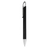 A metal pen in black with a silver clip and a textured black grip, featuring a brand logo.