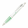 A metal pen with a white barrel and green accents, featuring a logo on the side.