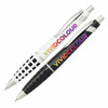 A set of metal pens in white and black, featuring a logo, with colourful designs on their barrel.