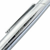A silver metal pen with a sleek design and clip, featuring a logo on the barrel.