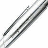 A sleek silver metal pen with a shiny finish and a clip, featuring a branding logo.