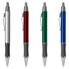 A collection of four metal pens in silver, burgundy, green, and blue, each featuring a clip and black grip.