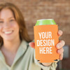 A drink bottle holder in orange, featuring a branding area, presented by a person.