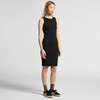 A black fitted rib dress with a sleeveless design and round neckline. It features a logo on the garment.