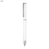 A white metal pen with a silver clip and grip, featuring a smooth design and a logo on it.