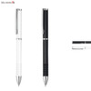 A metal pen set featuring a white pen and a black pen with chrome accents, alongside a close-up of the black pen's grip.