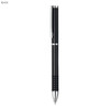 A black metal pen with a sleek design and a silver clip, featuring a textured grip. Branding is present on the pen.