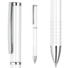 A white metal ball pen features a chrome clip and polished tip, showcasing a sleek and modern design with a textured grip.