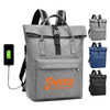 A grey laptop backpack with a front pocket, adjustable straps, and a logo. Features an external charging port.